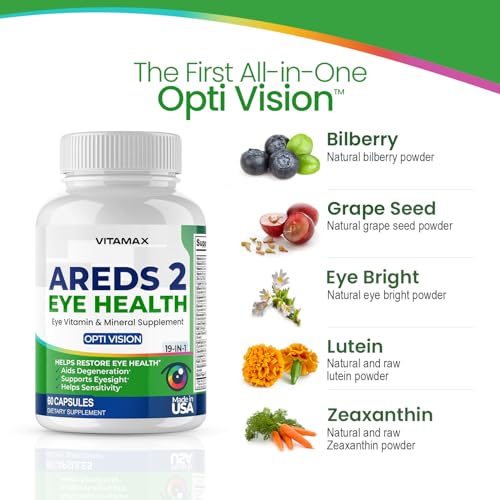 AREDS 2 Eye Vitamins - Lutein, Zeaxanthin, Bilberry, Astaxanthin Mineral Vision Supplement - Supports Eye Strain, Dry Eyes, Pressure, and Vision Health - Made in USA (120ct)