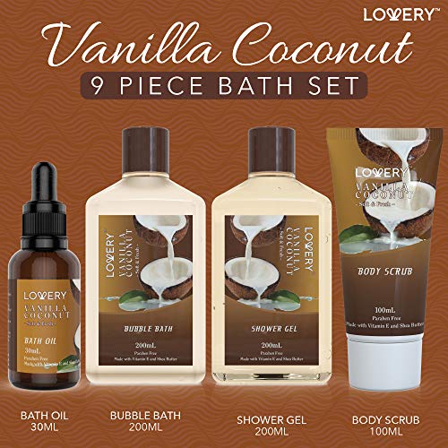 Gifts For Women Gift Basket for Women– 9 Piece Set of Vanilla Coconut Home Spa Set, Includes Fragrant Lotions, Extra Large Bath Bombs, Coconut Oil, Luxurious Bath Towel & More