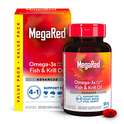 Megared Omega-3 Fish Oil + High Absorption Krill Oil 500mg Softgels, MegaRed Advanced 4in1 (80 count in a bottle) Concentrated Omega-3 Fish & Krill Oil Supplement