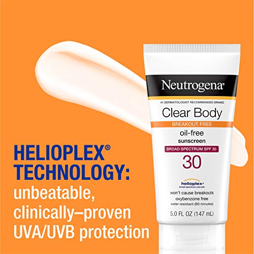 Neutrogena Clear Body Breakout-Free Liquid Sunscreen Lotion for AcneProne Skin, Oil Free Sunscreen, Broad Spectrum SPF 30, Oxybenzone Free, Fragrance Free, Non Comedogenic, Unscented, 5 Fl Oz