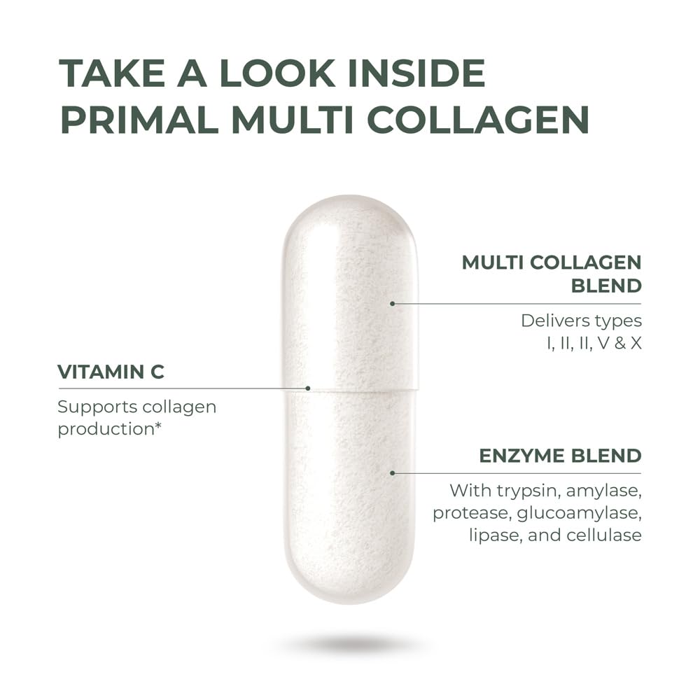 Primal Harvest Multi Collagen Pills for Women and Men (Type I, II, III, V, X) 120 Capsules w/Vitamin C for Hair, Skin, Nails