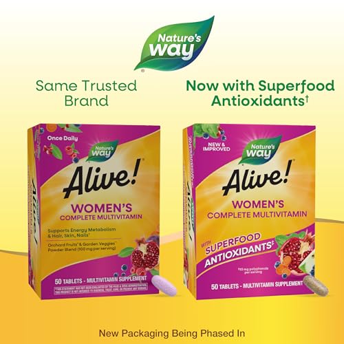 Nature's Way Alive! Women’s Complete Multivitamin, Supports Energy Metabolism and Hair, Skin & Nails, Superfood Antioxidants, B-Vitamins, 50 Tablets (Packaging May Vary)