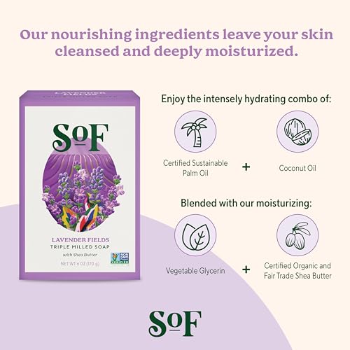 SoF Triple Milled Bar Soap - With Coconut Oil & Organic Shea Butter- Vegan & Non GMO- Free From Phthalates, Sulfates & Parabens- Lavender Fields - 6 oz Bar 4 Bars