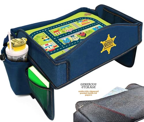 Coolmum Kids Travel Tray, Toddler Car Seat Tray, Double Sided Activity Organizer, Snack Lap Table, Baby Stroller Tray, Airplane Play Table, Waterproof and Foldable (Premium Blue)