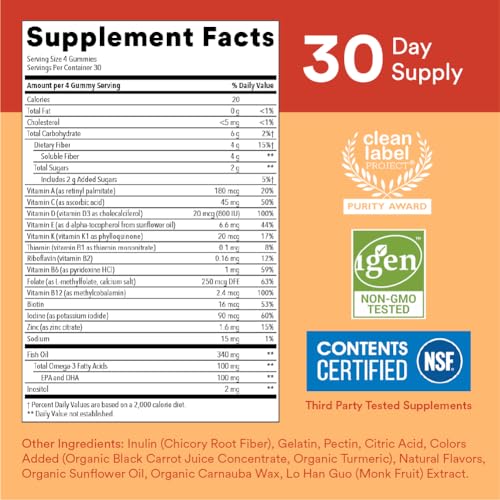 SmartyPants Kids Multivitamin Gummies and Fiber Supplement: Omega 3 Fish Oil (EPA/DHA), Vitamin D3, C, Vitamin B12, B6, Vitamin A, Zinc, Fiber Gummies, Three Fruit Flavors, 120 Count (30 Day Supply)