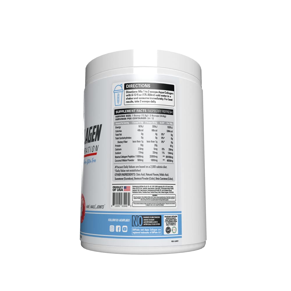 EHP Labs Aqua Hydrolyzed Collagen Peptides Powder - 10g of Protein per Serving, Hydration & Gut Health Support, Grass Fed Pasture-Raised Bovine Collagen, Type I & III, 24 Servings (Raspberry Refresh)