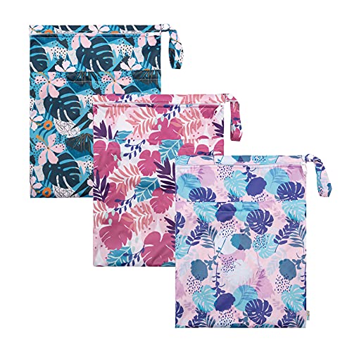 babygoal Wet Dry Bags for Baby Cloth Diapers, Washable Travel Bags, Beach, Pool, Gym Bag for Swimsuits & Wet Clothes with Two Zippered Pockets 3 Pack, 3LN19