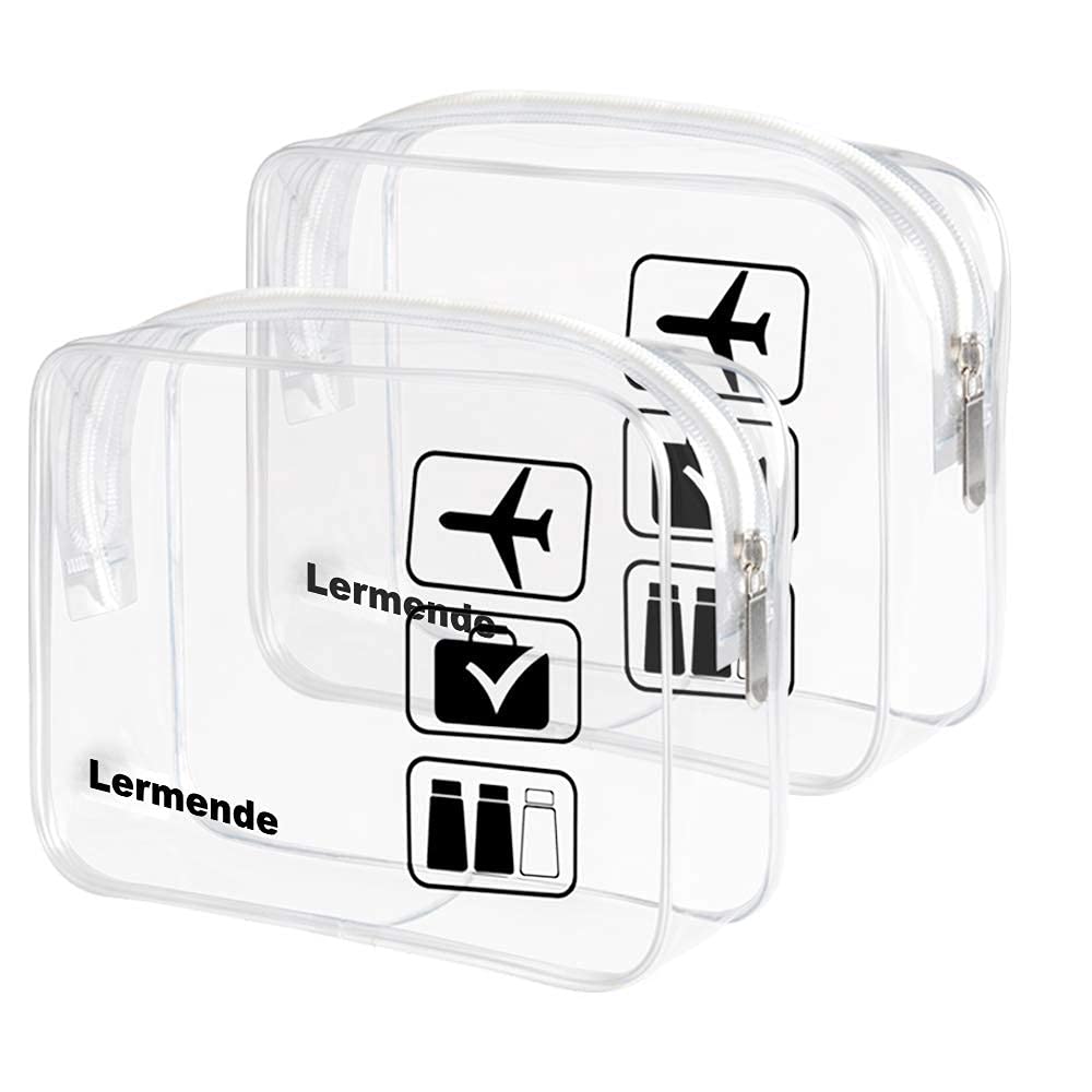 Lermende 2pcs/pack Clear Toiletry Bag TSA Approved Travel Carry On Airport Airline Quart Sized 3-1-1 Compliant Bag Make-up Pouch Kit (Clear)