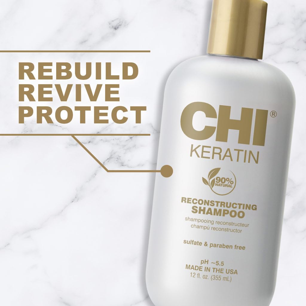 CHI Keratin Reconstructing Shampoo, Delivers Healthier Hair, Adds Shine & Helps Prevent Future Breakage, Sulfate, Paraben, & Cruelty-Free, 12 Oz