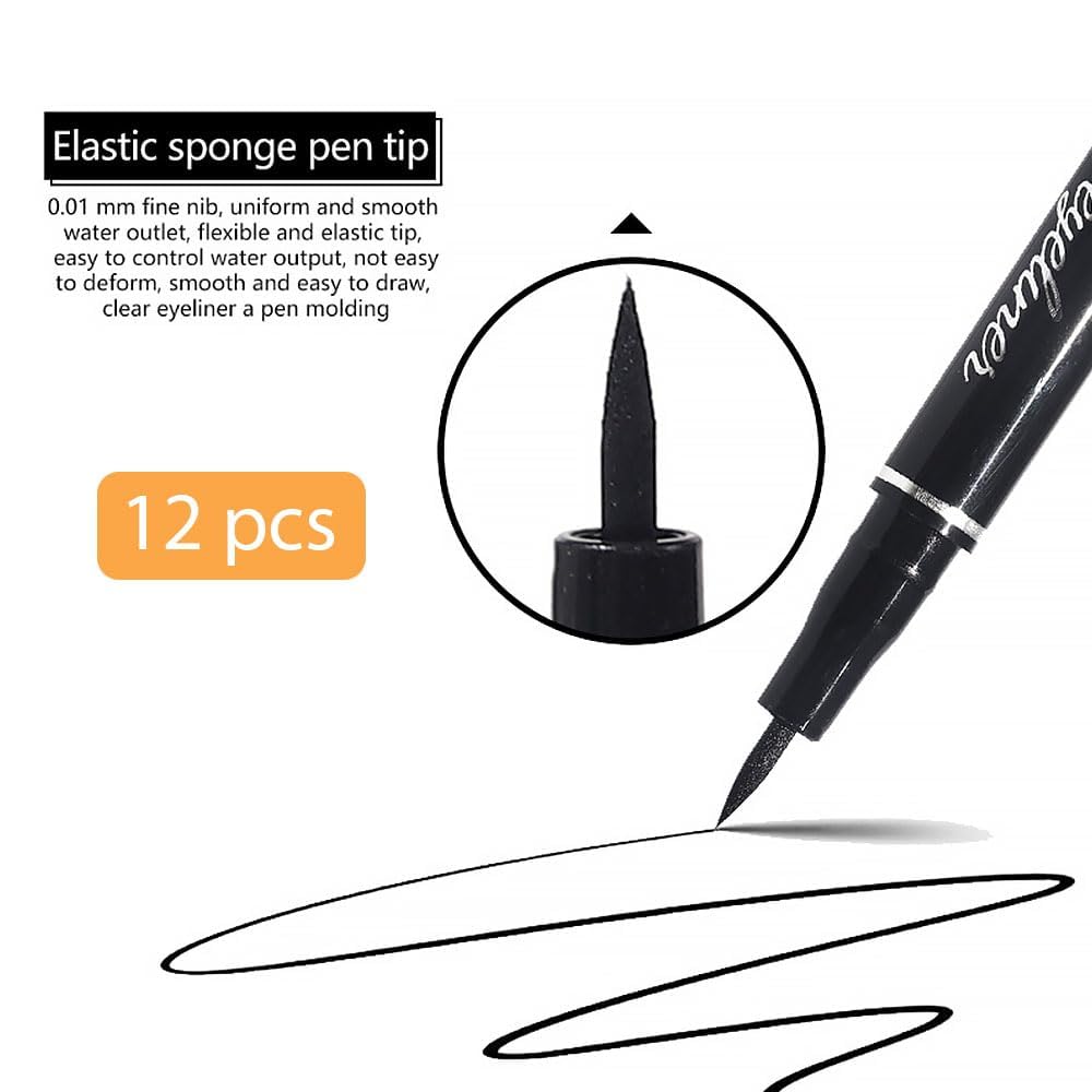 WanTuoluo 12-Pieces Matte Liquid Eyeliner Pens Set, Eye Ink Liner Makeup, Quick Drying, Smudge-Resistant, Vegan Formula (Pack of 12) (Black)