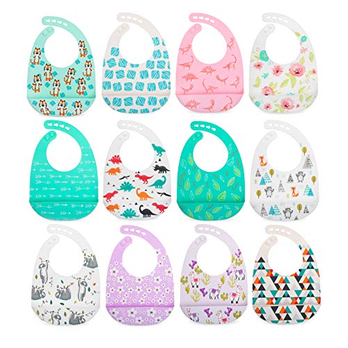 Nuby 2 Pack Adjustable Easy Clean Soft Silicone Bibs with Scoop, Arrows & Bears/Foxes