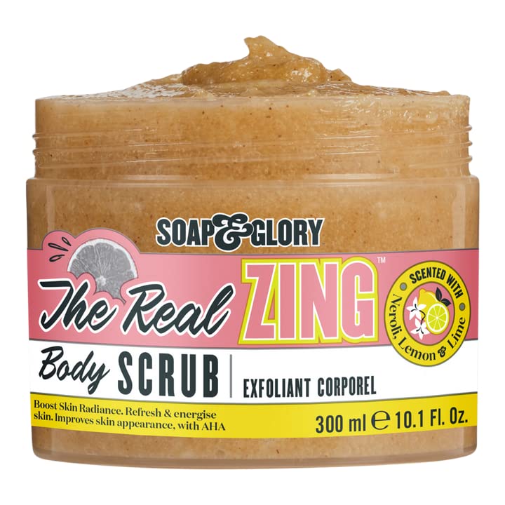 Soap & Glory The Real Zing Body Scrub - Smoothing & Buffing Sugar Scrub - Lemon Citrus Scented Body Polish - Skin Brightening Sea Salt Scrub (300ml)