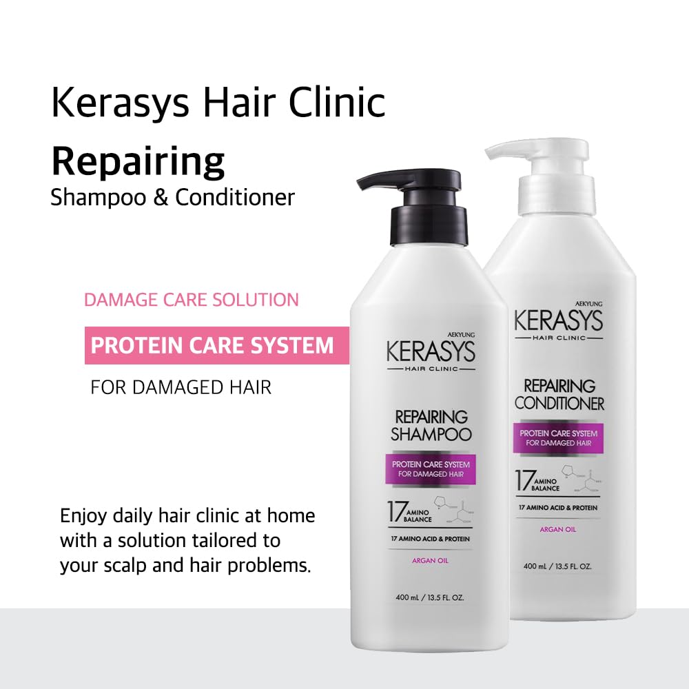 Kerasys Hair Clinic Protein Care System for Damaged Hair Argan Oil REPAIRING 13.5 fl oz / 400 ml (Conditioner 1-Pack)