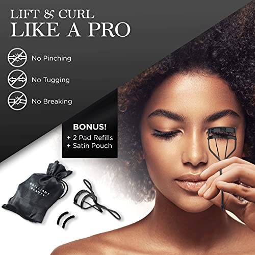 Brilliant Beauty Eyelash Curler with Satin Bag & Refill Pads - Award Winning Eye Lash Curlers for Dramatically Curled Eyelashes & Lash Lift in Seconds (Jet Black)