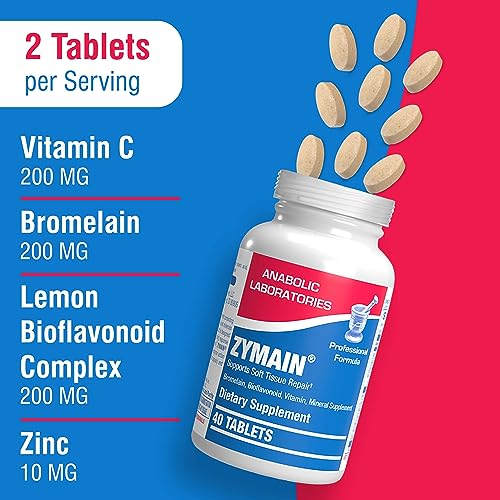 Bromelain Supplement for Soft Tissue Injuries - 40 Tablets - Vitamin C, Zinc, Citrus Bioflavonoids - Soft Tissue Support for Acute Injury Recovery - Zymain Proteolytic Enzymes, Minerals, Vitamins