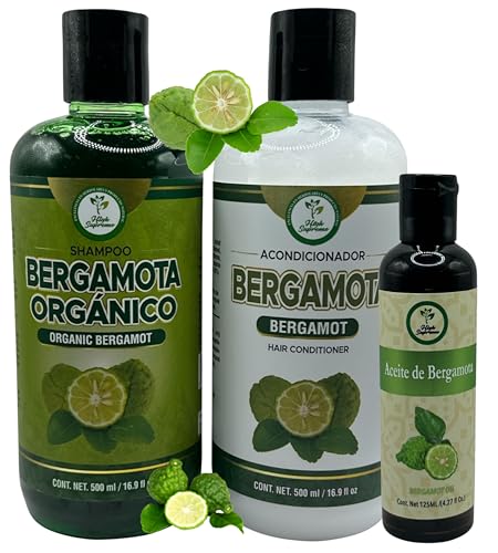 Shampoo Organic Bergamot + Conditioner (16.9 fl oz) with Aloe Vera & Rosemary | SHAMPOO ORGÁNICO BERGAMOTA con Sábila & Romero + Acondicionador 16.9 fl oz + ACEITE BERGAMOTA 125 m