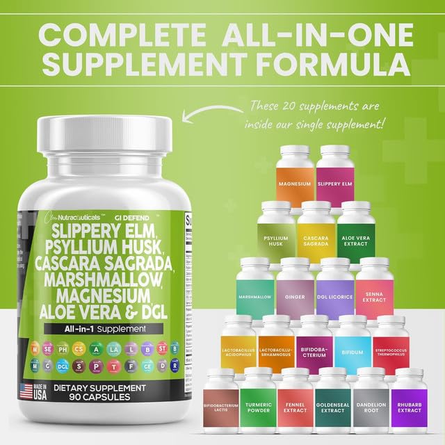Clean Nutraceuticals Slippery Elm Psyllium Husk Pre Probiotic Digestive Gut Health Supplement with Aloe Vera Cascara Sagrada Marshmallow Root DGL Licorice Senna Extract