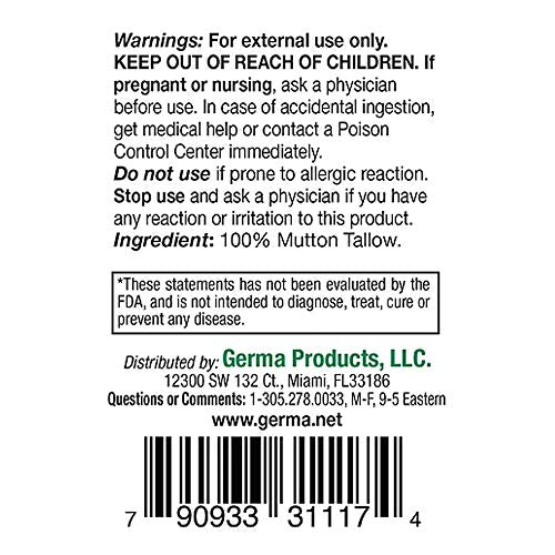 Germa Mutton Tallow Cream - 100% Pure Sebo Flandes Moisturizer for Hands & Sunburn Relief, Adult Skin Care, 0.7oz