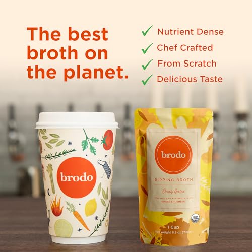 Brodo Deeply Rooted Organic Chicken Broth with Turmeric & Ginger, Nutrient-Rich Chicken Bone Broth Organic, High in Protein and Collagen for Wellness and Cooking, (6x 8.3 oz. Pouches)