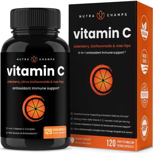 NutraChamps Vitamin C 1000mg with Rose HIPS, Vitamin C Supplement with Elderberry & Citrus Bioflavonoids, Kids Immune Boosting Supplement, 500mg Vitamin C Capsules Pill