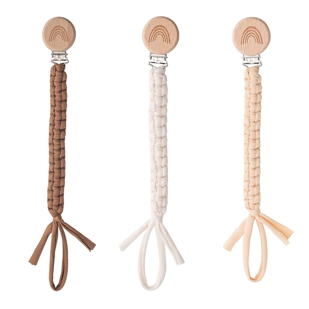 Symbolife Pacifier Clip for Boys Girls Pacifier Holder Leash Boho Rainbow Wooden Clips Handmade Braided Cotton Unisex Baby Shower Birthday Gift Christmas Gift
