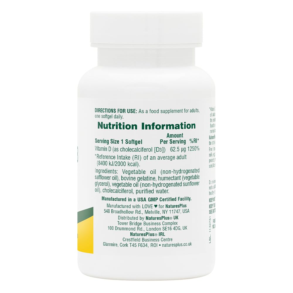 Natures Plus Vitamin D3 (Cholecalciferol) - 2500 iu, 90 Softgels - Bone Health, Heart Health & Immune System Support Supplement, Bioavailable Active Form - Gluten-Free - 90 Servings