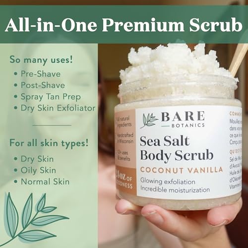 Bare Botanics Brown Sugar Body Scrub 20 oz - Naturally Scented Coconut Vanilla Sugar Scrub Made in Madison, WI - Formulated w/Skin Loving Moisturizers - Vegan, Cruelty Free w/a Cute Wooden Spoon