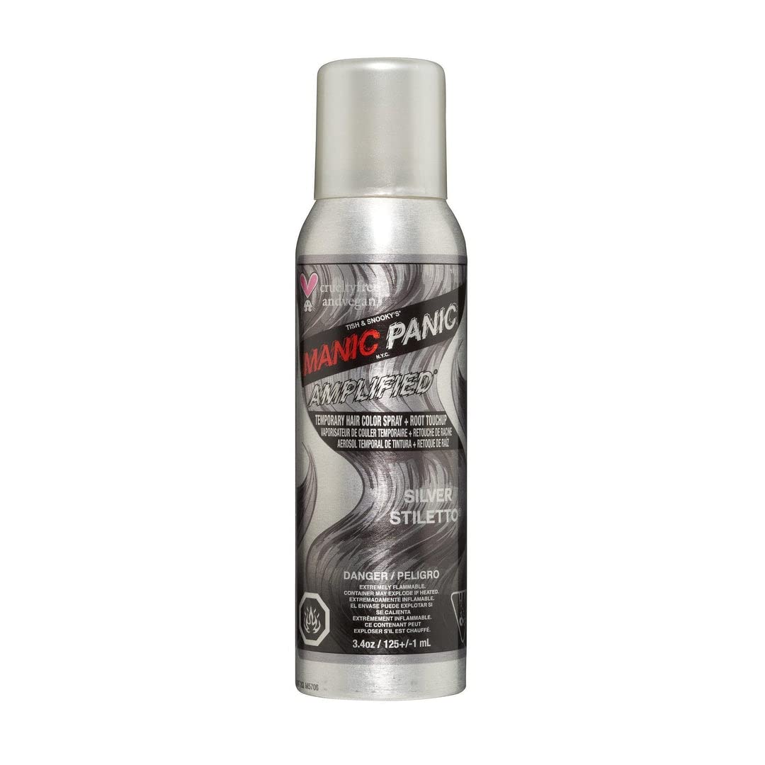 MANIC PANIC Silver Stiletto Temporary Amplified Hair Color Spray - 3.4oz - Icy Silver Shade with Lavender Tint - Vegan, Washes Out Easily, For All Hair Colors, Kids & Adults