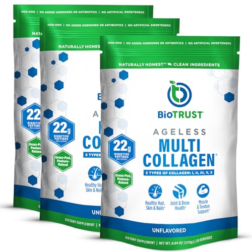BioTrust Ageless Multi Collagen Peptides Powder – 5 Types (I, II, III, V, X) – Unflavored Collagen Powder for Women & Men – Hydrolyzed Protein – Grass Fed Beef, Fish, Chicken, Eggshell Membrane, 3-pk