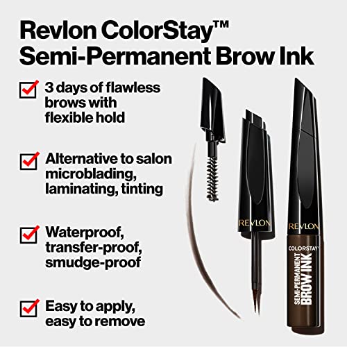 Revlon ColorStay 5-in-1 Semi-Permanent Brow Ink with Spoolie Brush, Waterproof, Transfer-Proof, Eyebrow Makeup, Easy to Remove, 351 Warm Brown Ink, 0.09 fl oz