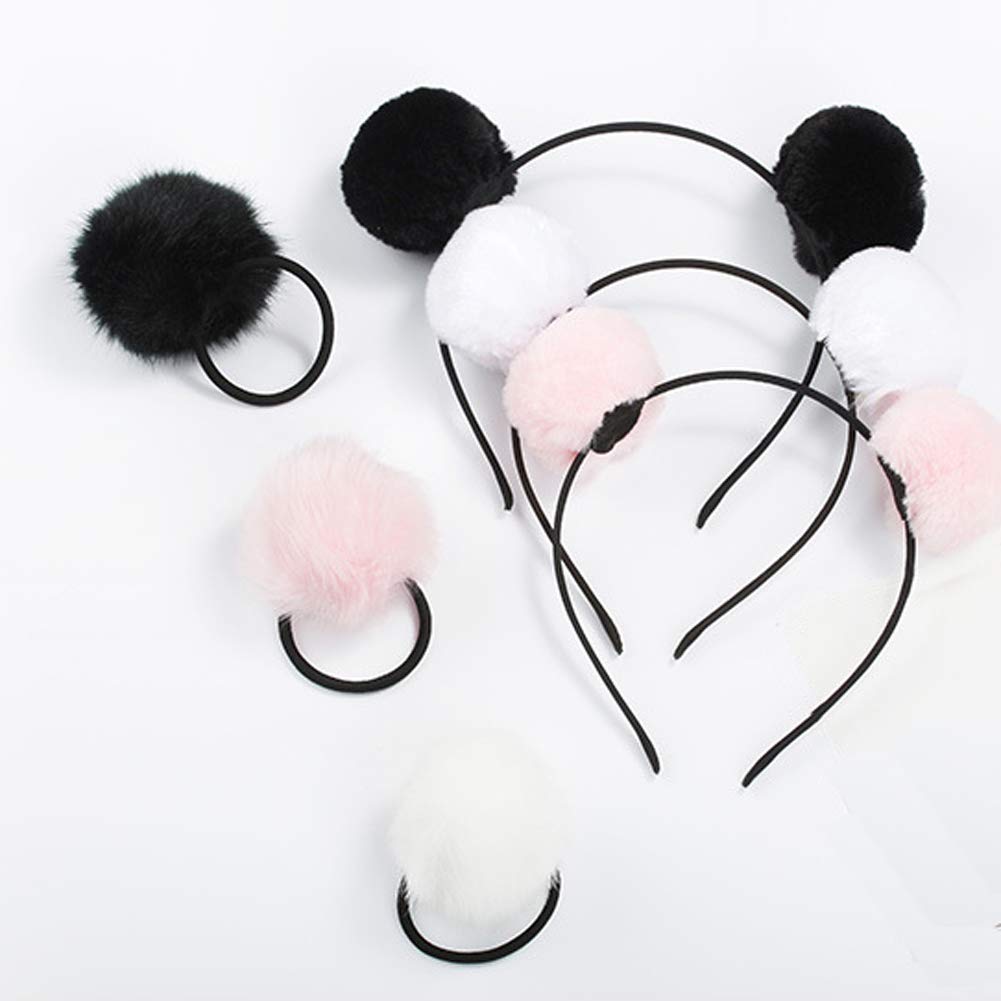 6 Pieces 3 Pairs Fluffy Furry Pom Ball Headband and Elastic Hair Ties Fuzzy Faux Fur Animal Ears Double Pom Headband PomPom Hair Band for Girls and Women