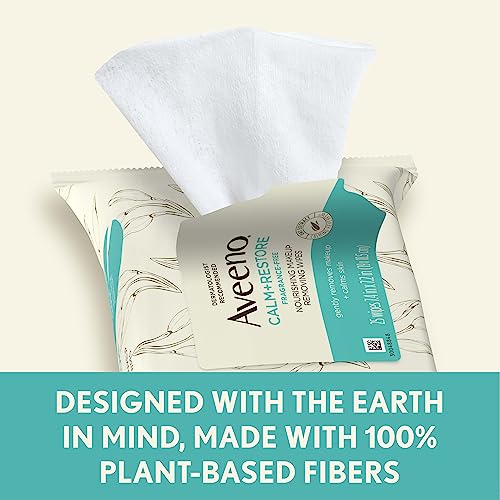 Aveeno Calm + Restore Nourishing Makeup Remover Face Wipes, Fragrance Free Facial Cleansing Towelettes with Oat Extract & Calming Feverfew, Alcohol Free, 100% Plant-Based Cloth, 25 ct