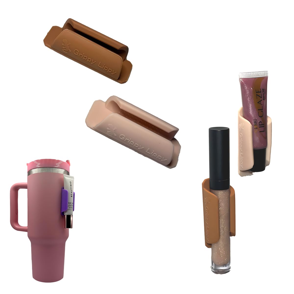 Grippy Lippy Lip Balm Holder - 2 Pack Durable Silicone Organizer with Adhesive Backing | Compatible with Chapstick, Tumbler, Car & Phone Storage | Stylish Moon & Dune Colors