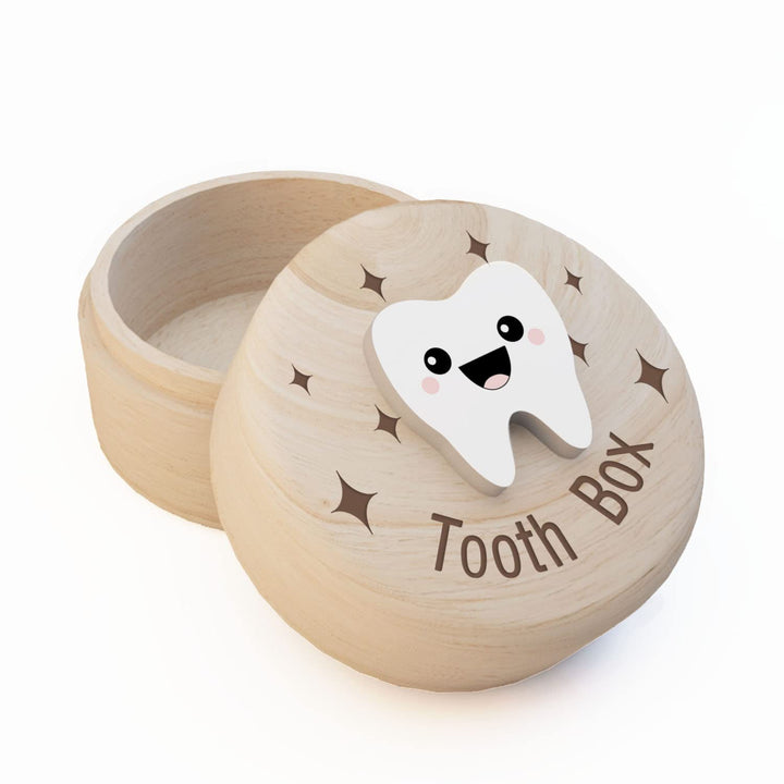 Azbuk Tooth Fairy Wooden Box with Engraved Four-Pointed Star and 3D Tooth, Stores Lost Teeth for Boys and Girls, Tooth Box for Kids
