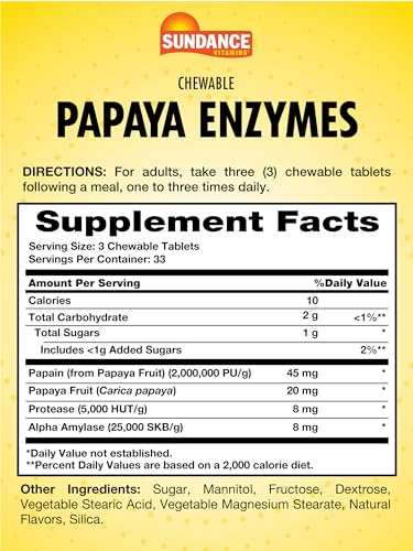 Sundance Papaya Enzymes | 100 Chewable Tablets | Natural Tropical Flavor | Vegetarian, Non-GMO, and Gluten Free Supplement