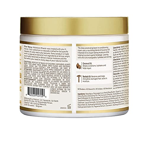 African Pride Moisture Miracle Coconut Oil & Baobab Oil Leave-In Cream - Provides Intense Moisture & Helps Repair Natural Coils & Curls, Hydrates & Strengthens Hair, 15 oz