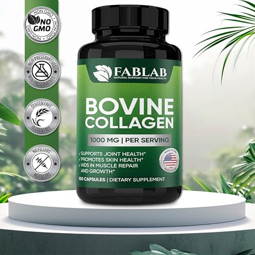 FabLab Bovine Collagen Type I Supplement - Nutritional Supplement for Joint, Nerve & Bone Support - Non-GMO, Anti-Aging Dietary Product with Hydrolyzed Peptides - 100 Capsules