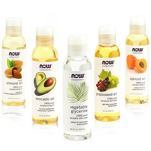 Now Foods Solutions 5 Pack - Carrier Oil Gift Set: Almond Oil - Grapeseed Oil - Avocado Oil - Apricot Oil - Vegetable Glycerine Oil 100% Natural Moisturizing Massage oil, Free Loofah Sponge