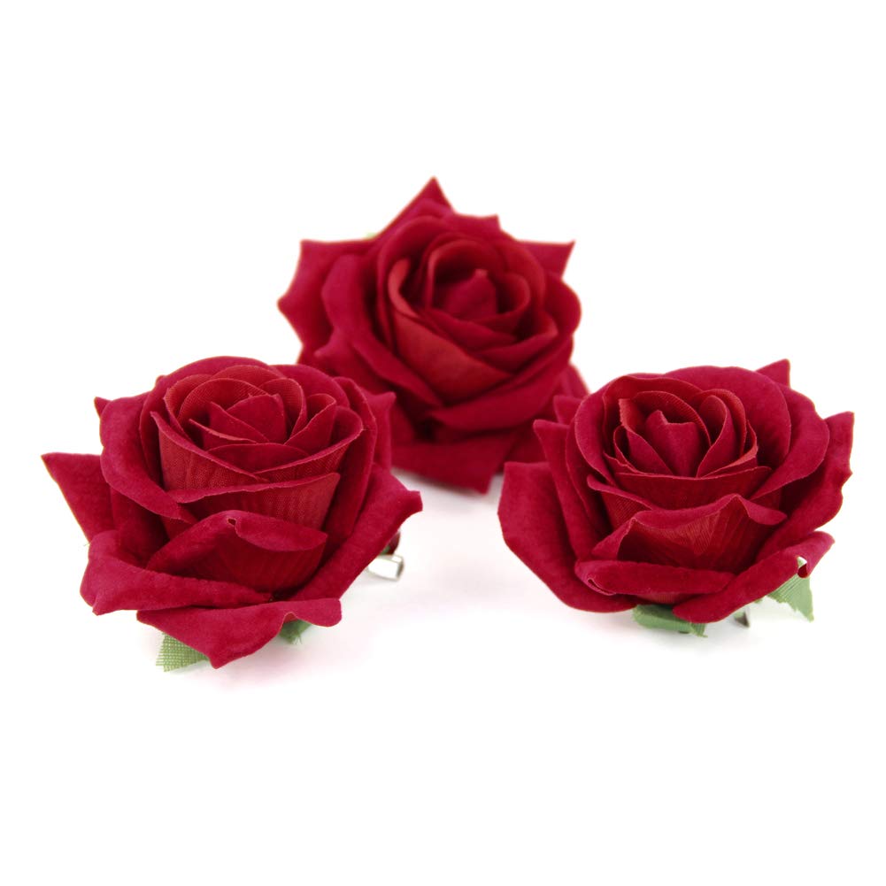 QtGirl Red Metal Rose Brooch Hair Clip for Women's - Pack of 3