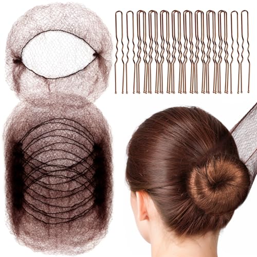 Fandamei Hair Accessories Set: 20PCS Mesh Hair Nets Invisible and 40PCS U Shaped Hair Pins for Women, Girls, Ballet Bun Maker & Dance (Hair Nets- 20 inch(50cm), Hair Pins- 2.4 inch(6cm)), Brown