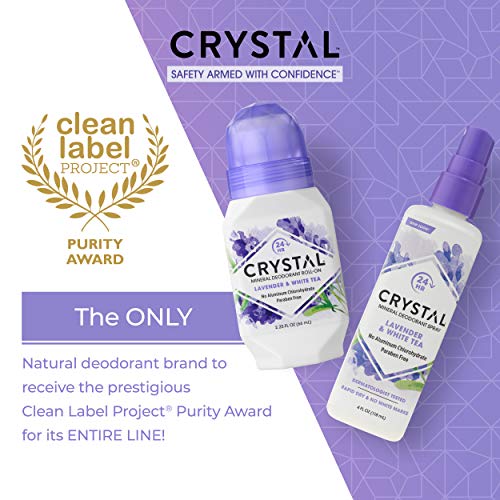 CRYSTAL Deodorant Aluminum Free Mineral Deodorant Roll-On for Women & Men, Lavender & White Tea - Paraben Free - Certified Cruelty Free & Vegan Deodorant - Prevents Odor Up to 24 Hours ,2.25 Fl Oz (Pa