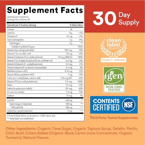 SmartyPants Kids Multivitamin Gummies: Omega 3 Fish Oil (EPA/DHA), Vitamin D3, C, Vitamin B12, B6, A, K & Zinc for Immune Support, Biotin, Gluten Free, Three Fruit Flavors, 120 Count (30 Day Supply)