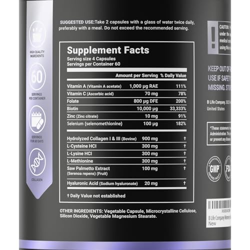 Women's Hair Growth Supplement with Natural Ingredients: Biotin, Hydrolyzed Collagen I & III and Amino Acids | 240 Caps - 60 Days - 10,000 mcg Biotin per Serving | Made in The USA by B Life.