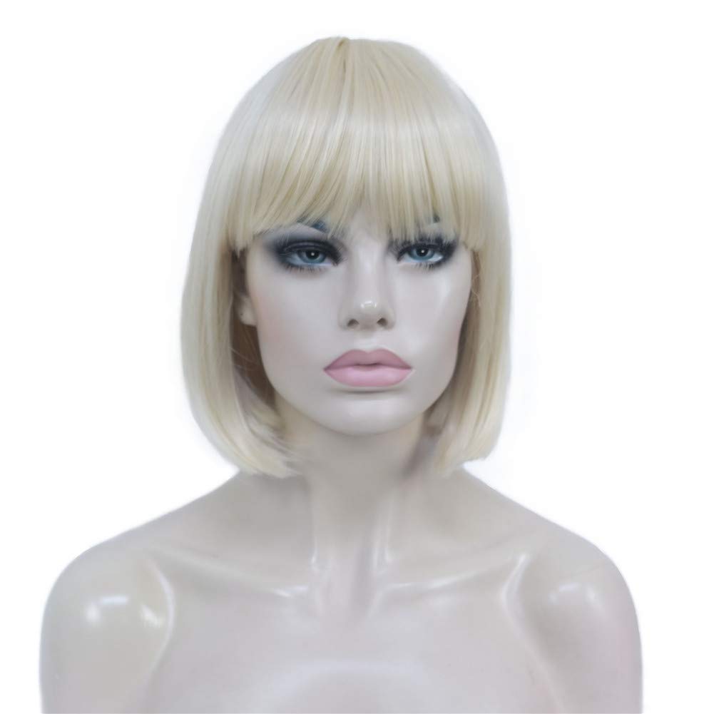 Aimole Short Straight Bob Wig Cute Flat Bangs Synthetic Full Women Wigs(613-Pale Blonde)