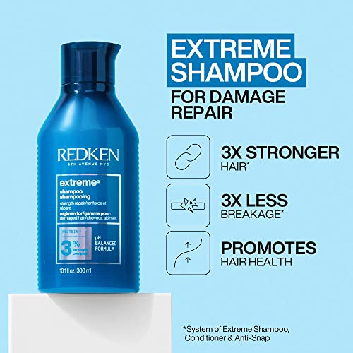 Redken Extreme Shampoo, Conditioner & Anti-Snap Leave-In Treatment Set For Damaged Hair - Repairs and Reduces Breakage, Infused With Proteins