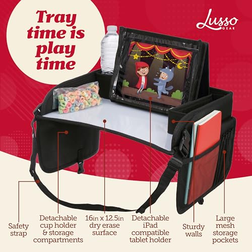 Lusso Gear Kids Travel Tray for Car - Road Trip Essentials for Kids - Car Seat Tray for Kids Travel - Toddler Travel Lap Desk and Organizer - Holds Snacks, Water Bottle, Toys (Black)