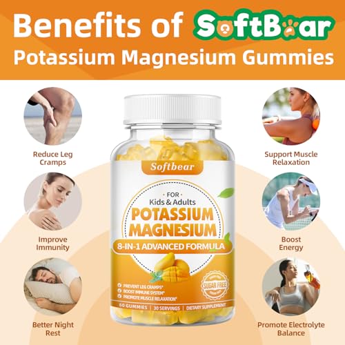 softbear Potassium Magnesium Gummies for Women, Calcium Magnesium Potassium Supplements with Vitamins Sugar-Free Potassium Citrate Gummies Support Muscle Health, Mango Flavor 120 Count