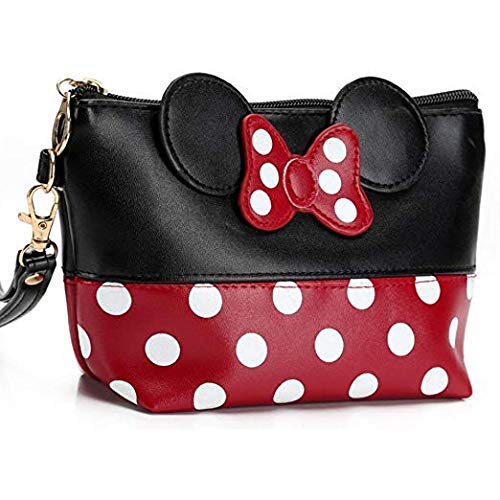 T-Juan MM Cartoon Leather Travel Makeup Handbag, Cute Portable Cosmetic bag Toiletry Pouch for Women Teen Girls Kids (Black)