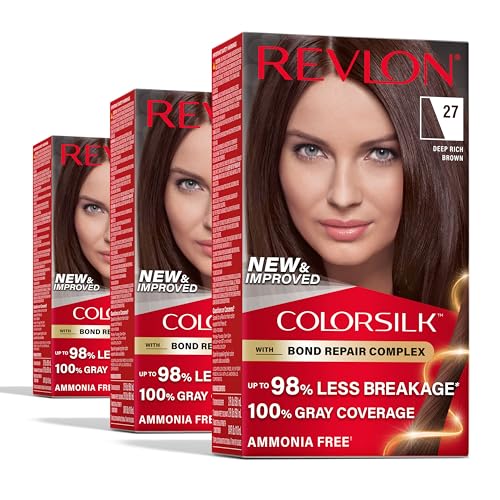 Revlon ColorSilk with Bond Repair Complex, Brown Permanent Hair Color, 100% Gray Coverage, Ammonia Free Hair Dye, Vegan Keratin, 27 Deep Rich Brown (Pack of 3)