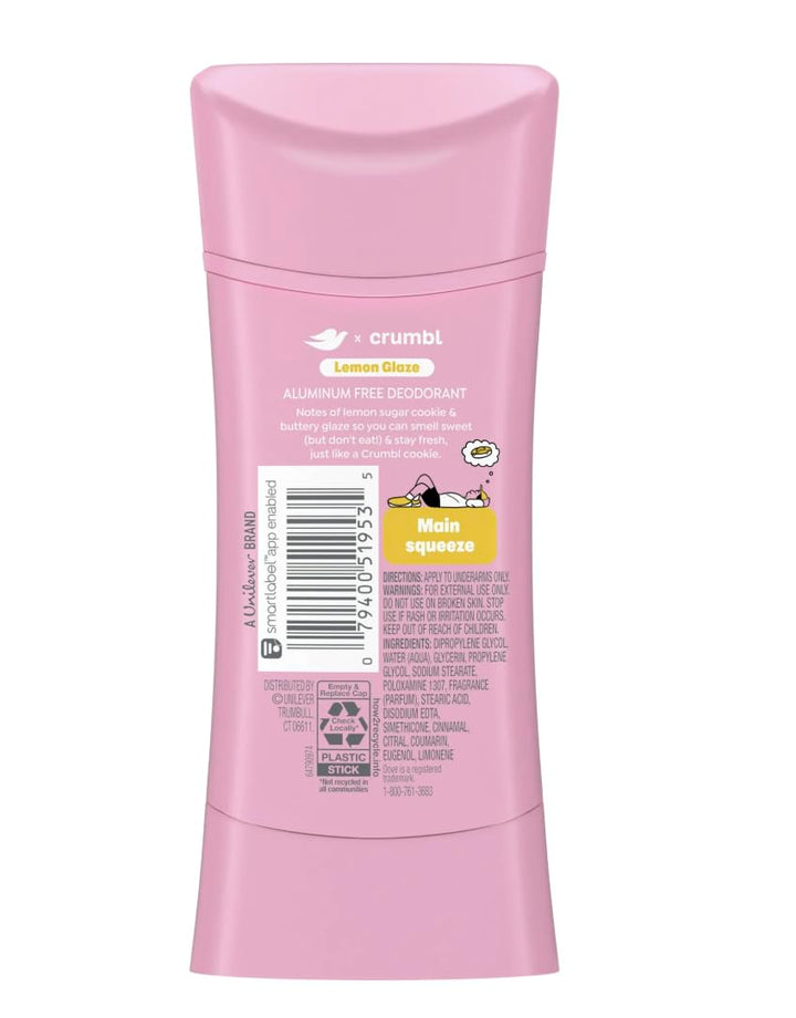 Dove x Crumbl 1 Pack Deodorant Stick Crumbl Lemon Glaze Aluminum Free, 2.6 oz